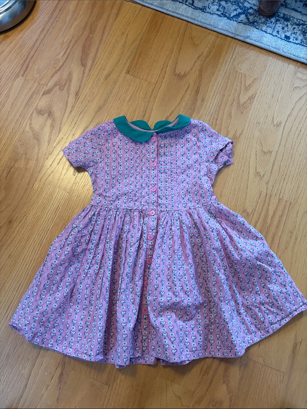 Mini Boden pink pleated fit and flare button front floral bird dress 3-4 years